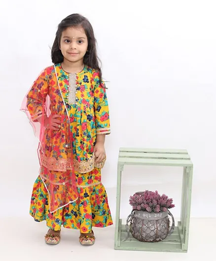 Little Bansi Full Sleeves Floral Print Kurti With Sharara Pants & Dupatta - Yellow
