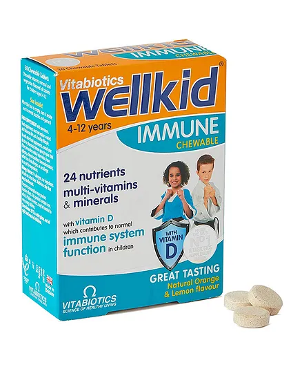 Vitabiotics Wellkid Immune Chewable Tablets - Vitamin A, C  D Supplement for Kids 4-12 Years, Natural Orange  Lemon Flavor, 30 Pieces