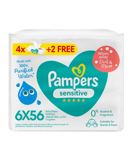 Pampers Sensitive Protect Baby Wipes Zero Alcohol & Perfume 4+2 Packs - 336 Wipe Count