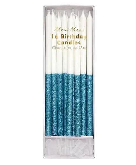 Meri Meri  Glitter Dipped Candles Pack of 16 -  Blue