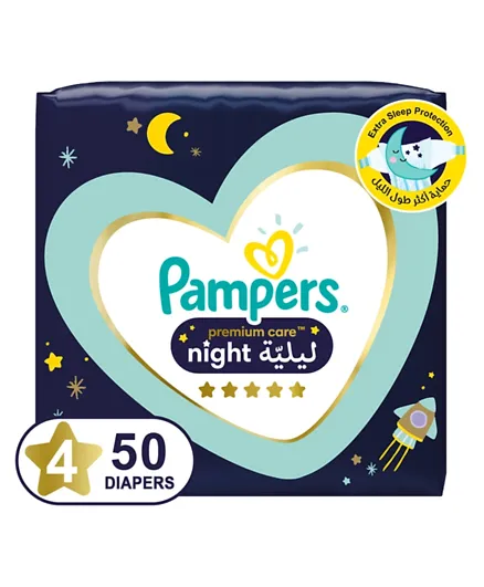 Pampers Premium Care Extra Sleep Protection Night Diapers Size 4 - 50 Diaper Count