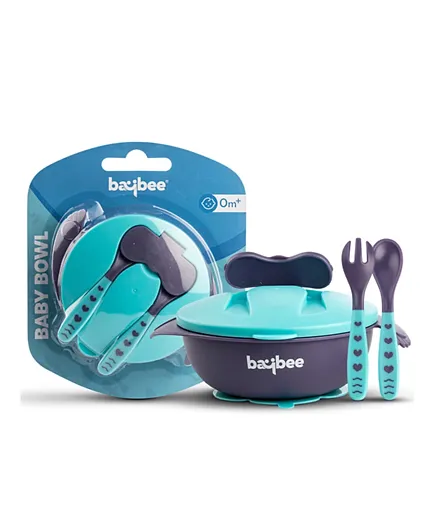 BAYBEE  Silicone Suction Baby Feeding Bowl with Lid, Suction Cup, Soft Spoon & Fork Set - Blue