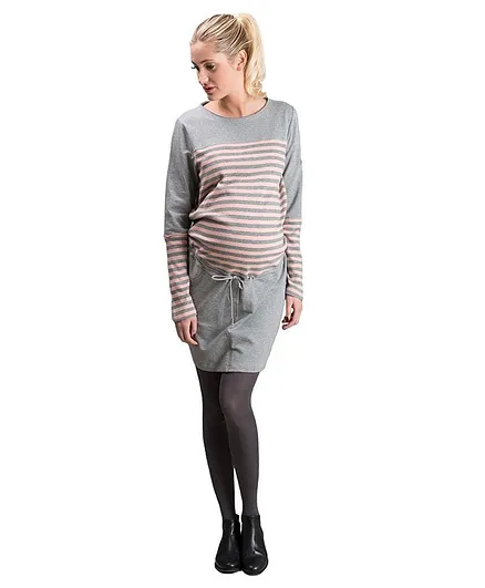 Mums & Bumps Sara Striped Sweatshirt Maternity Dress - Grey