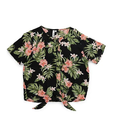 Little Pieces Floral Top With Tie-Up Detail - Black