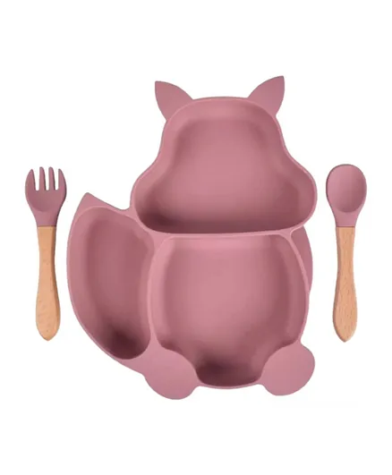 Highland Squirrel Silicon Baby Plate & Utensil Feeding Set - Pink