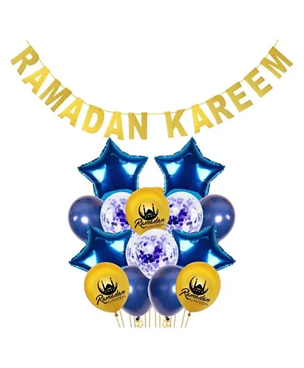 Brain Giggles Ramadan Kareem Balloon Decoration Combo Blue and Golden Ramadan Balloon Decoration Combo - Pack of 17