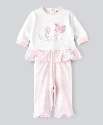 Tiny Hug Butterfly Patch & Floral Embroidery T-Shirt With Striped Pyjama Set - Multi Color