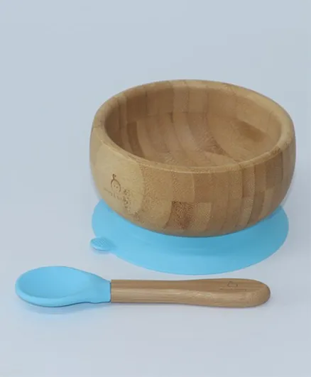 Mori Mori Round Suction Bamboo Bowl with Spoon – Blue