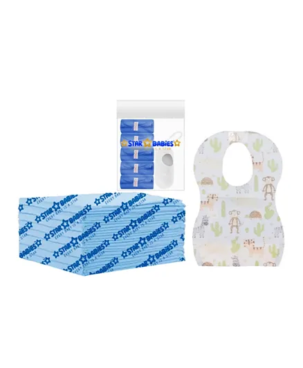 Star Babies Disposable Changing Mat + Bibs + Scented Bag + Dispenser -Blue