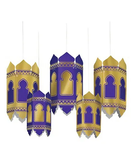 Party Centre Eid Hot Stamped Paper Lanterns Blue and Gold - Pack of 5