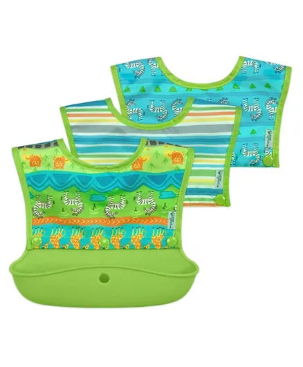 Green Sprouts Snap & Go Silicone Food Catcher Bib Pack of 3 -  Green Safari