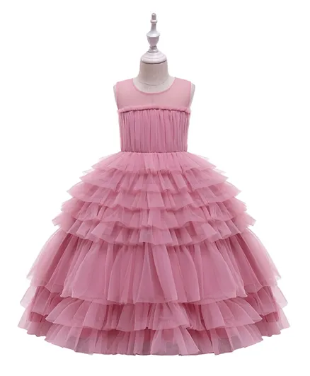Babyqlo Layered Mesh Long Party Dress - Pink