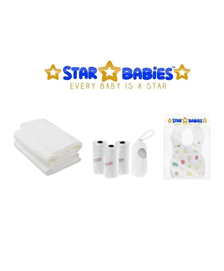 Star Babies Baby Essentials Bibs 10 Pieces + Scented Bag 3 Pieces + Towel 3 Pieces Combo Pack - White