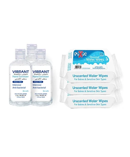 Pixie Water Wipes Pack of 108 Wipes + Vibrant Sanitizers 100mL x Pack of 3