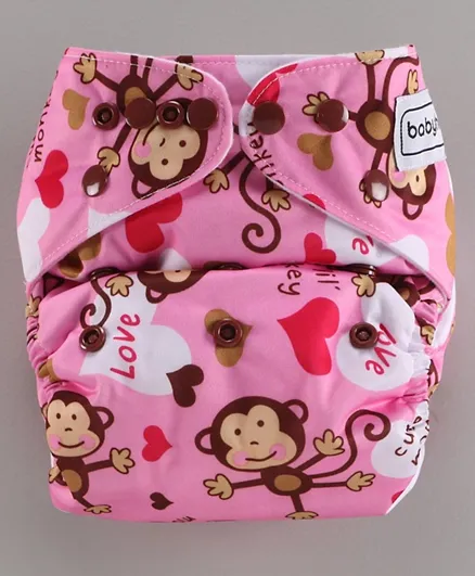 Babyhug Free Size Reusable Cloth Diaper With Insert Monkey Print - Pink