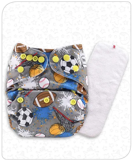 Babyhug Free Size Reusable Cloth Diaper With Insert Football Print - Grey