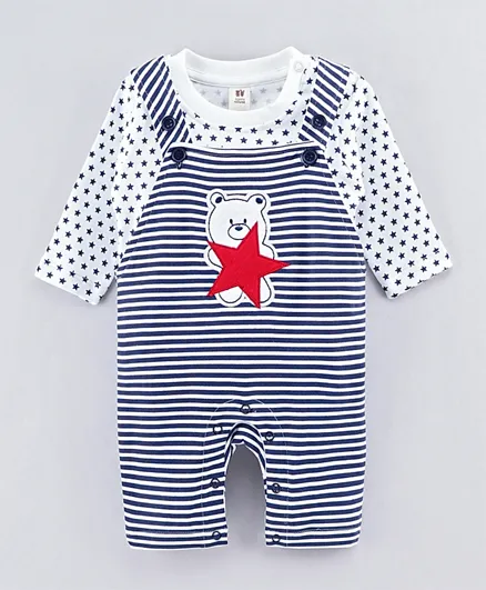 ToffyHouse Dungaree Style Romper with Full Sleeves Inner Tee - Navy Blue White