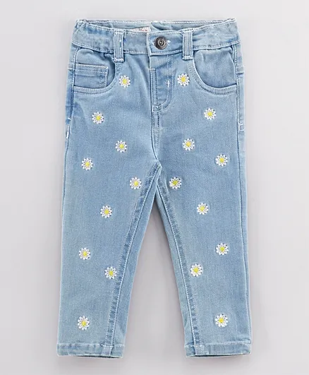ToffyHouse Full Length Denim Jeans with Adjustable Elastic Waist Floral Embroidery - Blue