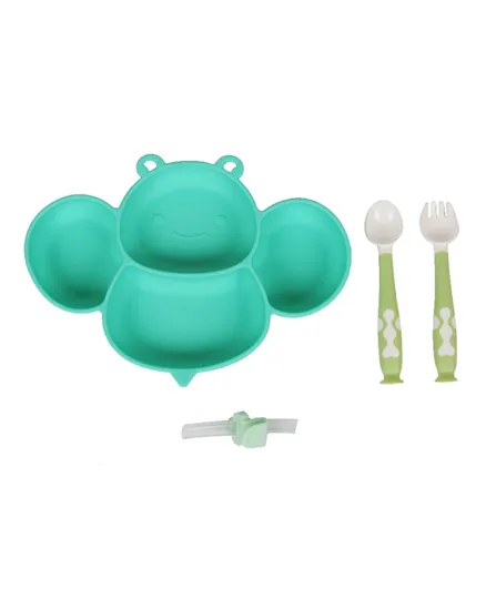 Little Angel Kids Silicone Bee Plate Bowl Spoon & Fork - Green