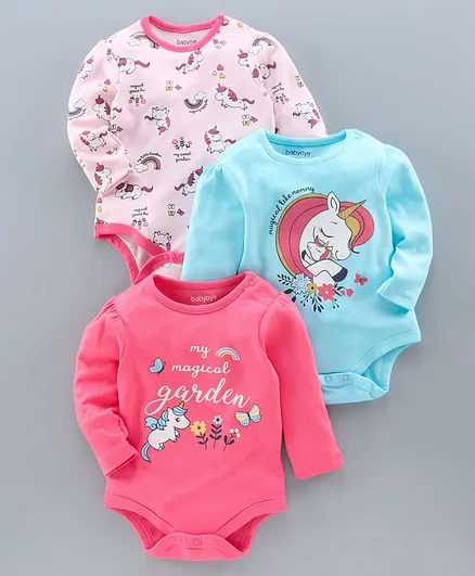 Babyoye Full Sleeves Onesies Unicorn Print Pack of 3 - Pink Blue