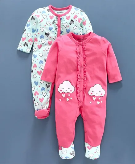 Babyoye Full Sleeves Sleepsuits Heart & Cloud Print  Pack of 2 - Pink Blue