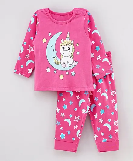 Babyoye Full Sleeves Night Suit Unicorn Print - Pink