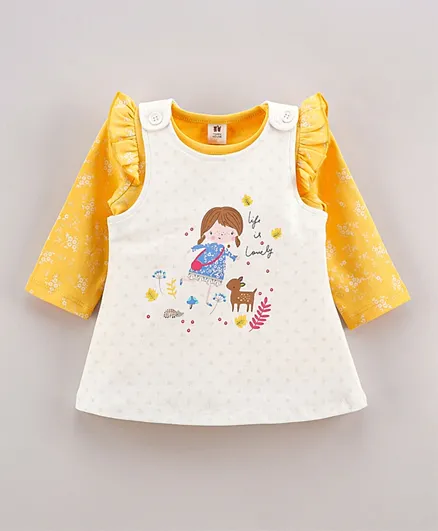 ToffyHouse Frock with Full Sleeves Inner Tee Deer Print - Yellow