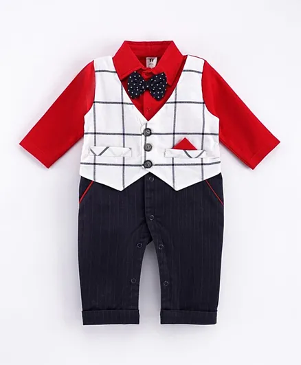 ToffyHouse Full Sleeves Romper with Attached Waist Coat and Bow - Red White