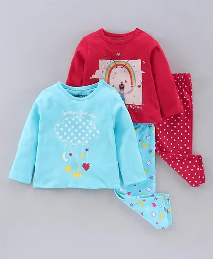 Babyoye Full Sleeves Anti Bacterial Night Suits Multi Print Set of 2 - Red Blue