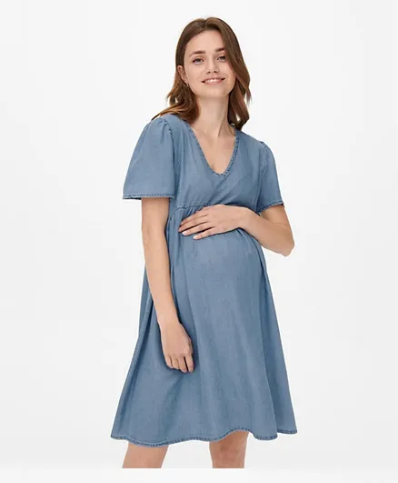 Only Maternity V Neck Denim Dress - Blue