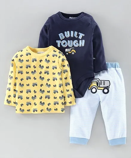 Mom's Love Full Sleeves Onesie with Leggings and Tee - Yellow Blue (Print May Vary)