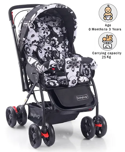 Babyhug Cosy Cosmo Stroller, Reversible Handle, 0-3 Years, 180° Recline, 5 Point Harness - Black/White