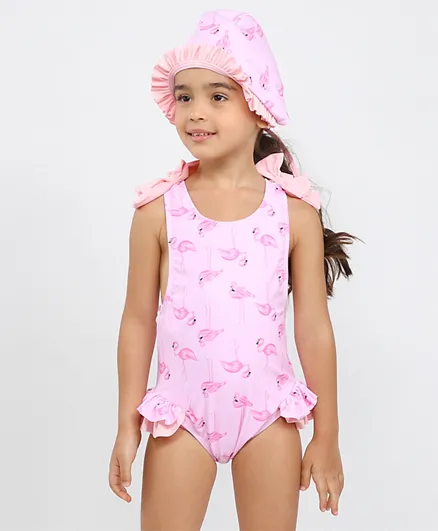 Kookie Kids V Cut Flamingo Print Swim Suit - Pink