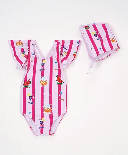 Kookie Kids Printed V Cut Swim Suit with Cap - Pink