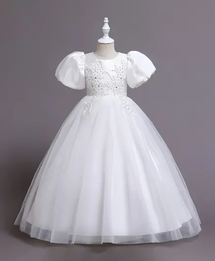 DDaniela Puff Sleeves Long Tulle Pearl Dress - White