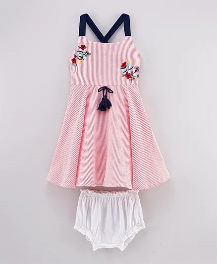 بيبي اوي فستان بدون أكمام بتصميم مخطط وتطريز زهور - وردي