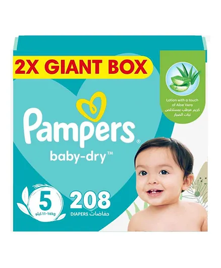 Pampers Baby-Dry Taped Diapers Size 5- 208 Baby Diapers