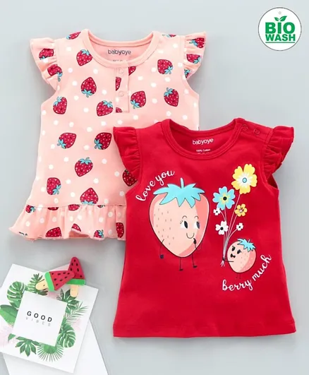 Babyoye Cotton Cap Sleeves Tops Strawberry Print Pack of 2 - Pink Red
