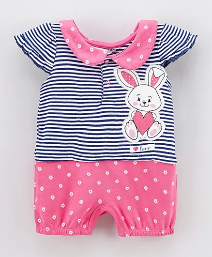 Babyoye Short Sleeves Cotton Romper Bunny Patch Striped - Deep Pink