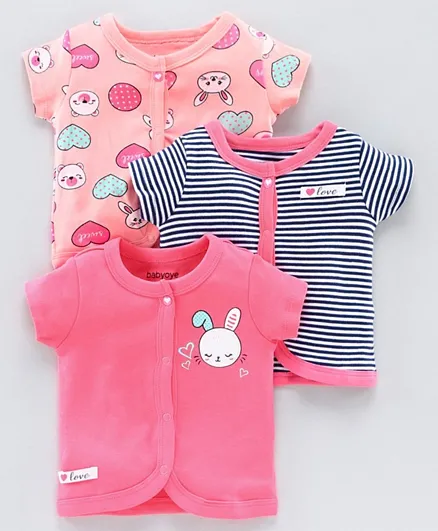Babyoye Half Sleeves Cotton Jhabla Heart Print Pack of 3 - Pink