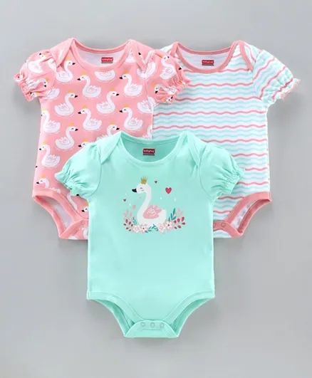 Babyhug Half Sleeves Onesie Swan Print Pack of 3 - Pink Blue