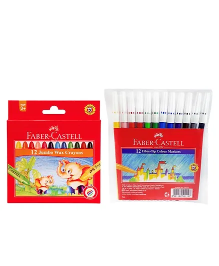 Faber Castell Jumbo Wax Crayons with Fibre Tip Colour Markers - 24 Pieces