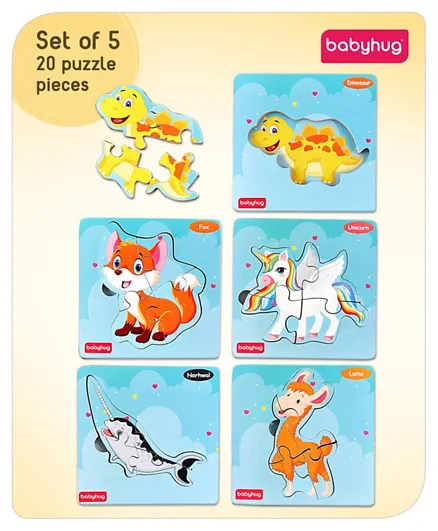 Babyhug Montessori Fictional Animals Jigsaw Wooden Board Puzzle Set Of 5 - 4 Pieces Each