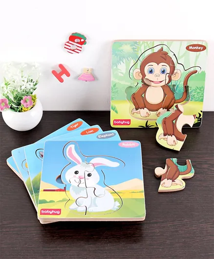 Babyhug  Montessori Wild Animals  Jigsaw Wooden Board Puzzle Set of 5 - 4 Pieces Each