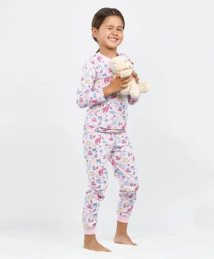 Babyhug Full Sleeves Night Suit Dino Print - Pink
