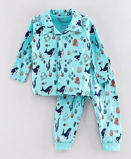 Babyoye Full Sleeves Dolphin Print Night Suit - Blue