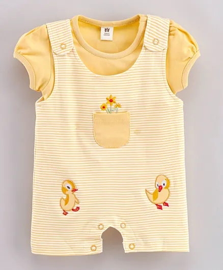 ToffyHouse Half Sleeves Dungaree Style Romper With Inner T-Shirt Bird Embroidered Striped - Yellow