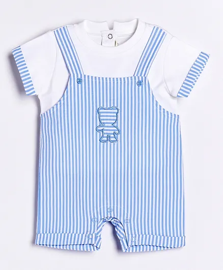 ToffyHouse Half Sleeves Stripe Romper Bear Embroidery - Blue White