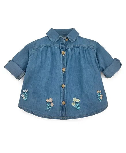 ToffyHouse Full Sleeves Denim Shirt Floral Embroidery - Blue