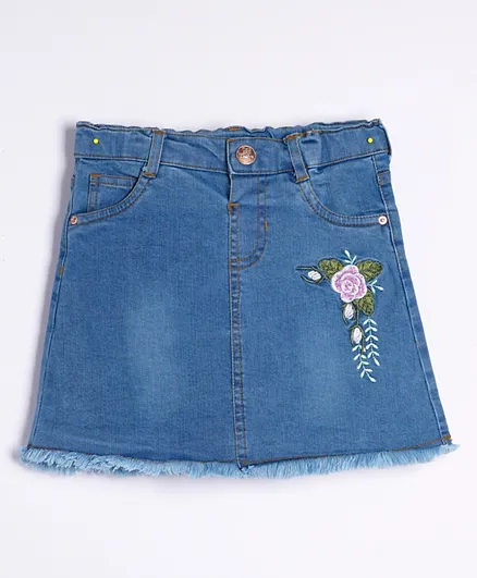 ToffyHouse Knee Length Denim Skirt Floral Embroidery - Blue